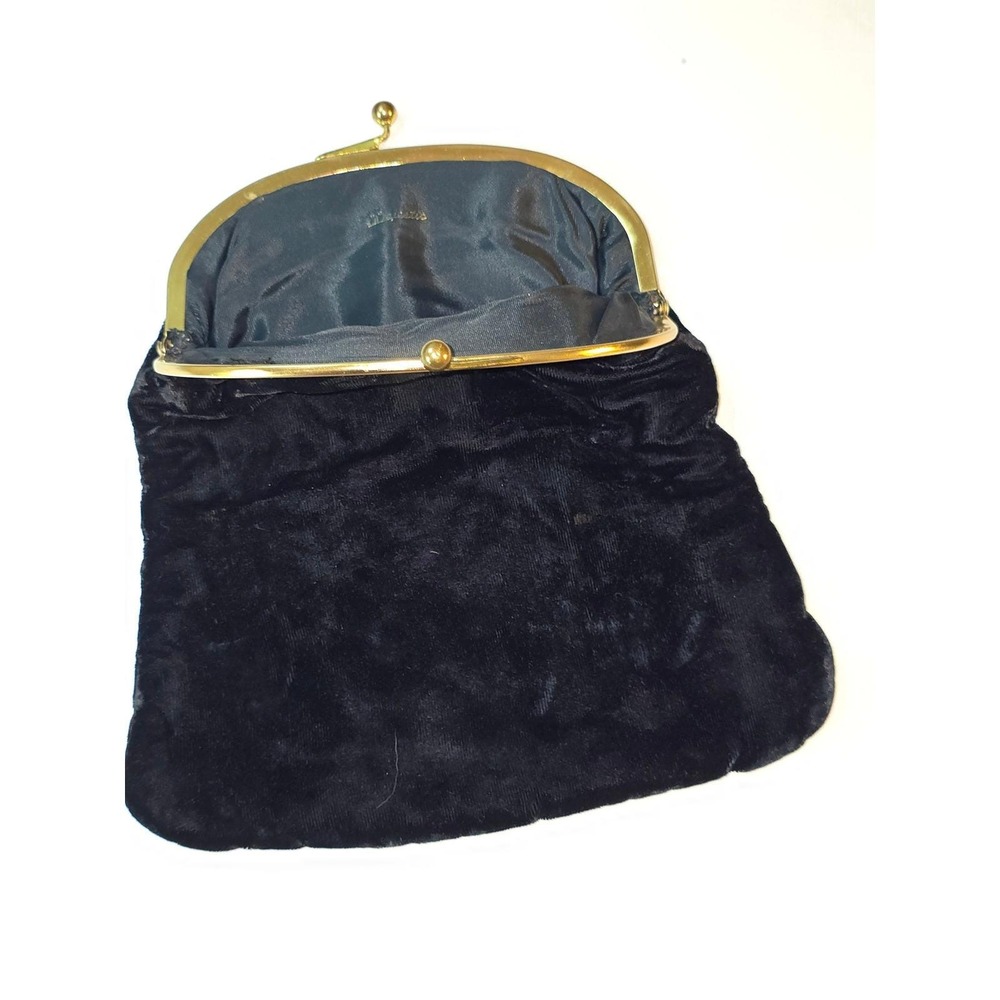 Vintage Black Velvet Kiss Lock Clutch Bag Gold Tone Hardware Evening Prom Goth